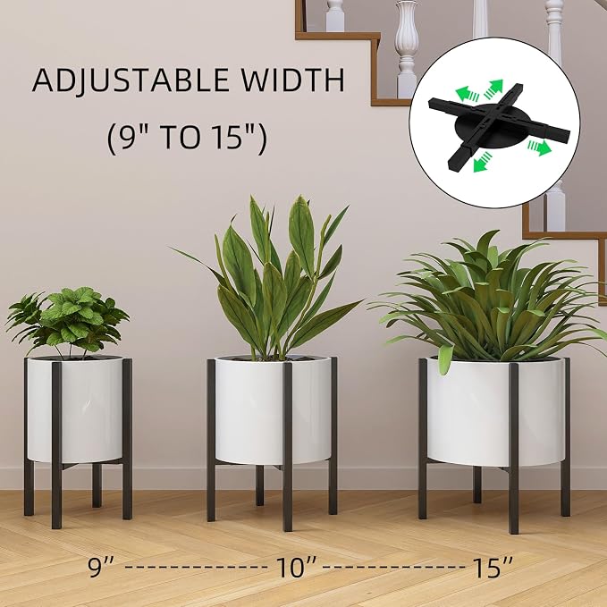 Adjustable Metal Plant Stand Indoor, Fits 9-15 Inch Pots, Mid Century Modern Planter Holder,2 Heights, Heavy Duty 160 lb, Indoor Outdoor Corner Floor Pot Stand, Black with Round Plate