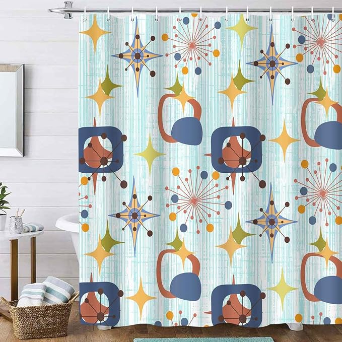 Mid Century Shower Curtain, 72x78inch, Modern Abstract Retro Blue Striped Geometric Shower Curtain Sets 1950s Boho Bathroom Shower Curtain with 12 Hooks