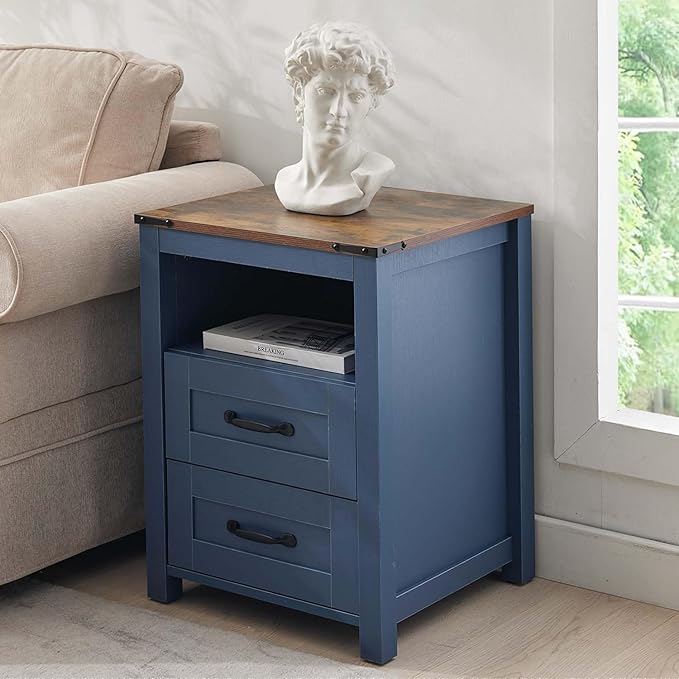 Farmhouse Night Stand, Rustic Blue Nightstand for Bedroom, End Tables Without Charging Station, Bedside Table with Drawers, Wood Bedside Cabinet Dresser