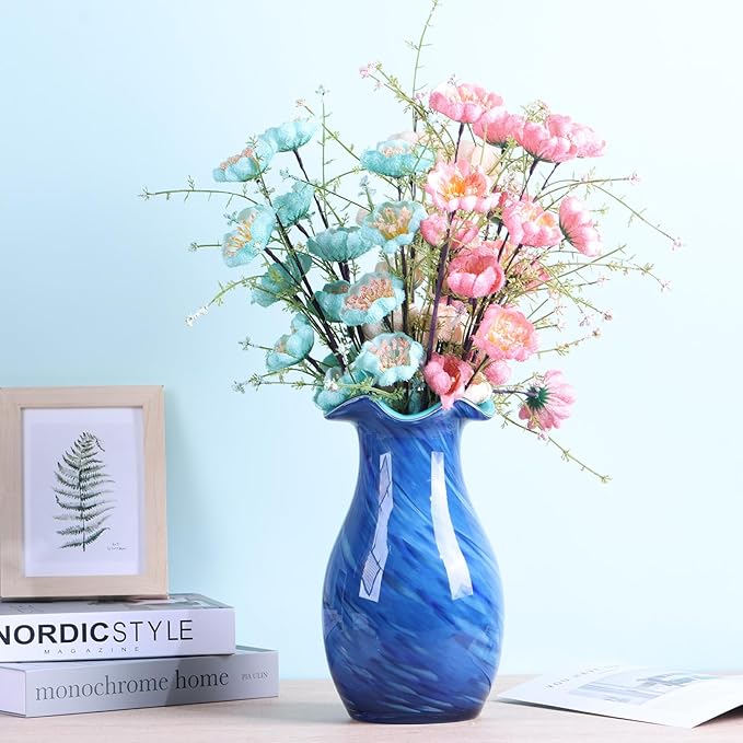 10.6in Hand Blown Blue Glass Vase – Wide Mouth Murano Bubble Art Glass Vase, Cobalt Blue Flower Vase for Coastal, Vintage, Colorful Home Decor, Vase Gift for Mom or Display (Blue)