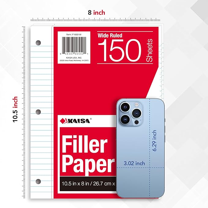 KAISA Filler Paper Loose Leaf Paper, Wide Ruled Paper, 8"x10-1/2", 3-Hole Punched Binder Paper For 3-Ring Binders,150 Sheets/pack 3Pack, F15001W