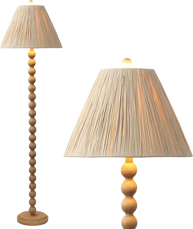JONATHAN Y 61.5" Brown Wood Finish Bobbin LED Floor Lamp, Modern Rustic Spindle Standing Lamp with Light Brown Pleated Paper Shade, Farmhouse Decor, LED Bulb Included JYL5400A