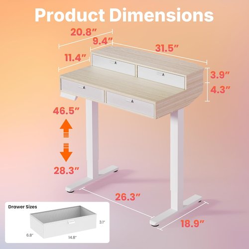 HUANUO Electric Standing Desk - 32 x 20 Inch Adjustable Height Home Office Desk with 4 Drawers | Ergonomic Design, Natural Finish