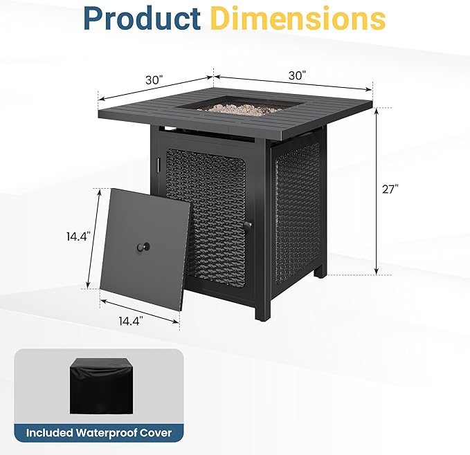 FansaFurn Black Propane Fire Pit Table, 50000 BTU Gas Fire Pits Table with Removable Lid and Lava Rock, Square Fire Table with Cover, 30'', Ideal for Dining or Party on Patio, Garden, Yard