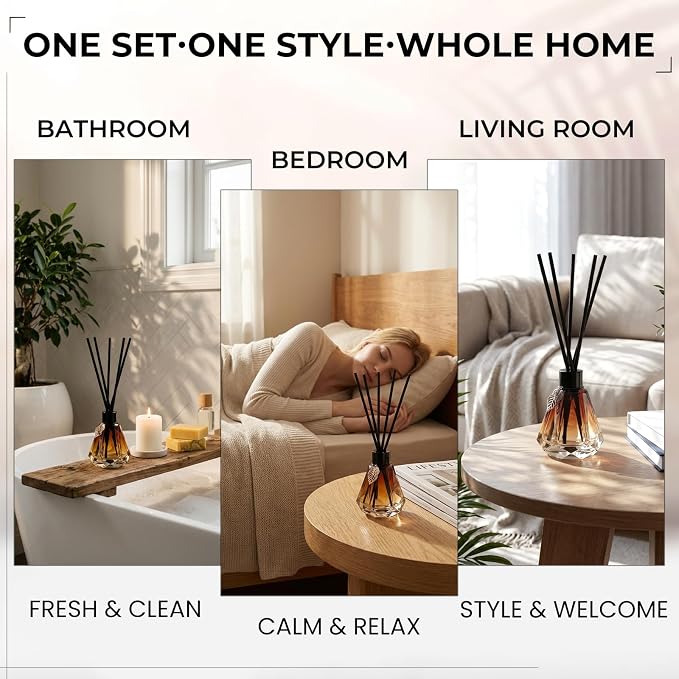 Reed Diffuser Set - 4 Empty Bottles with 20 Sticks, Delicate Gold Leaf Decor, Glass Fragrance Diffuser with Lids for Home, Bathroom | Refillable, Diamond Style (4 PCS Black)