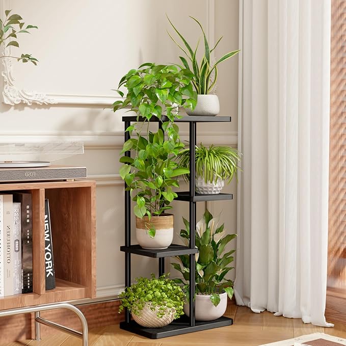 Bamworld Corner Plant Stand Indoor, 4 Tier Metal Plant Shelf for Multiple Plants, Tiered Flower Pot Stands for Patio Garden Balcony Living Room Bedroom, Black