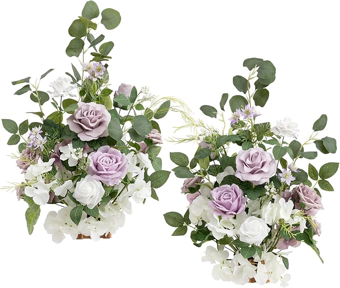 Ling's moment 17.5" Tall Free Standing Artificial Flowers Arrangements 2 pcs Wedding Aisle Runner Chair Decorations Lilac & White Centerpieces for Ceremony Reception Rose Floral Floor Party Outdoor