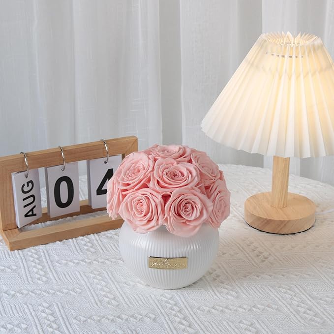 Preserved Roses,Weeding Flowers,Table Centerpiece Flowers14Pcs Long Lasting Real Rose in Ceramic Vase,Table Flowers for Party,Wedding Decor,Birthday,Anniversary,Wedding Gifts for Her(Peach Pink)