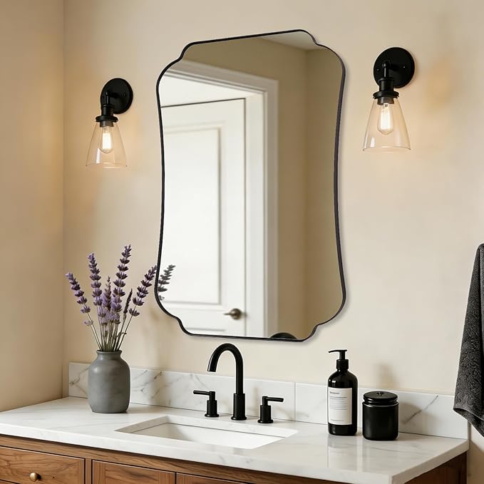 ANDY STAR Bathroom Vanity Mirror, 24x36 Matte Black Rectangle Mirror with Scalloped Round Corner, Vintage Asymmetrical Metal Wall Mirror for Entryway, Living Room