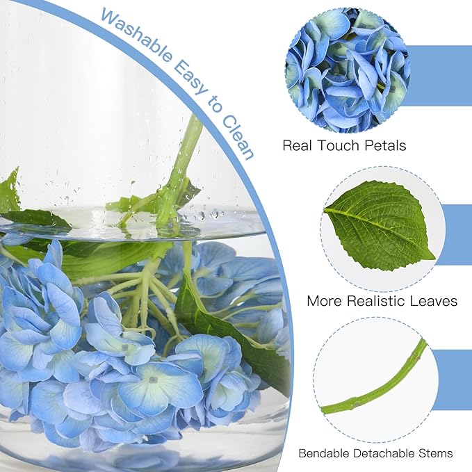 4Pcs Hydrangea Artificial Flowers, 22.44" Real Touch Latex Faux Hydrangea with Long Stems & Leaves for Home Office Decor or Wedding, Party, Centerpieces, Floral Arrangements (Blue)