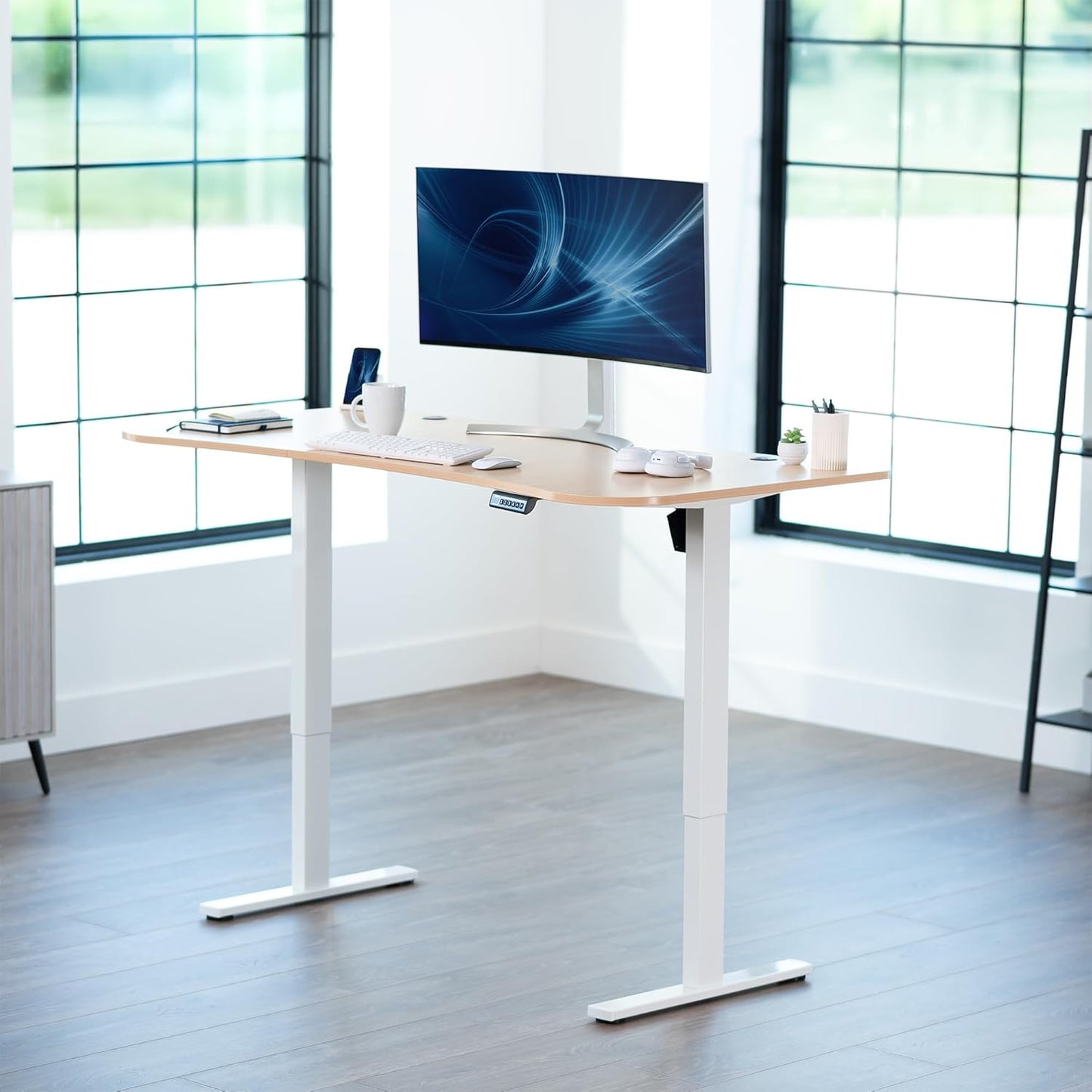 VIVO Electric Standing Desk - Memory Height Adjustment, Light Wood Top & White Frame, 63 x 32 in