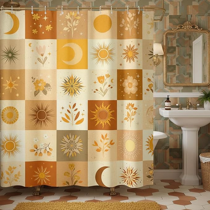 Boho Sun and Moon Shower Curtain, Mid-Century Modern Burnt Orange & Sage Grid Design, Abstract Floral Botanical Celestial Aesthetic Bathroom Decor, Waterproof Fabric, 72x72 Inch.