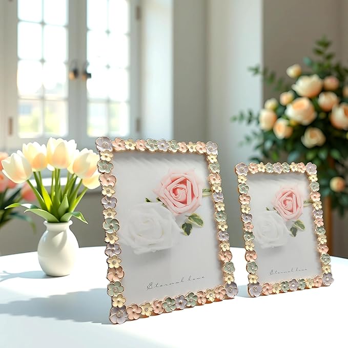 5X7 Wedding Picture Frame with Enamel Finis Glass Front - Ornate Antique Colorful Flowers Metal Photo Frame Tabletop/Wall Display Gifts for Women Photo Frame Tabletop/Wall Vintage