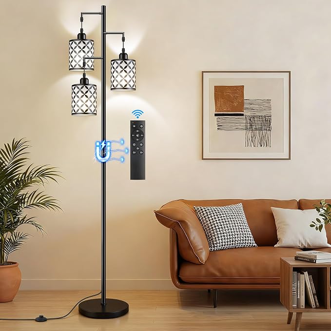 Dimmable Floor Lamp, Farmhouse Standing Lamp with Elegant Metal Cage, Industrial Tall Tree Floor Lamps for Living Room, Bedroom, Study Room, Office, 3 x 800LM LED Bulbs Included, 72", Black