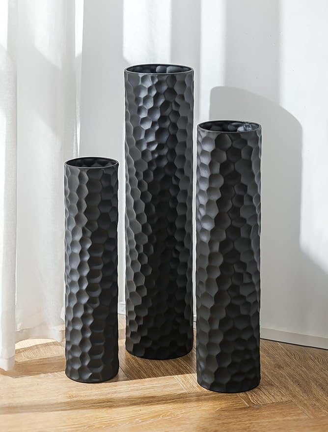 Sziqiqi Black Tall Floor Vase: 27/23/20in Large Floor Vases Standing for Living Room - Hammered Metal Floor Vases Set of 3 - Cylinder Flower Vase for Dining Bedroom Home Corner Indoor Office