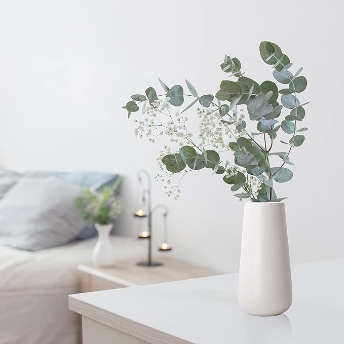 D'vine Dev 8 Inch Ceramic Flower Vase Textured Finishing, Minimalist Design for Kitchen, Bedroom, Living Room, Centerpieces, Office, Ivory, VS-XH-A-1