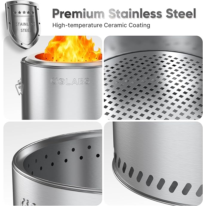 Golabs Smokeless Fire Pit 19.5", Portable with Handle, Stainless Steel Outdoor Firepit with Removable Ash Pan & Fire Poker, Easy to Clean, Efficient Heating & Less Ash, Perfect for Backyard & Camping