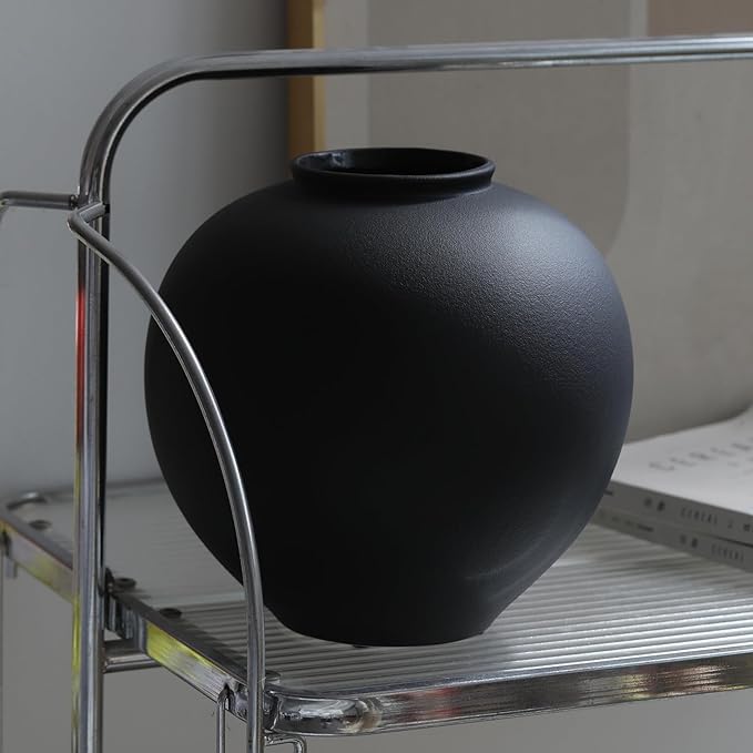 Extra Large Black Ceramic Flower vase Decorative Jar Oversize Modern Centerpiece Table Decorations,Round Shape Rustic Ceramic vases for Home Decor Dining Room(Black, 0807)