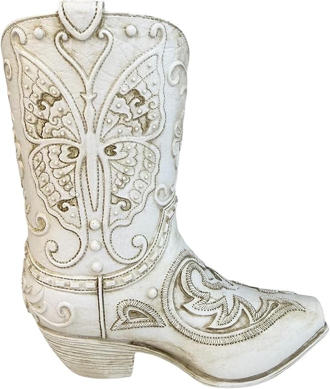 Top Brass Butterfly Boot Vase – Resin Cowboy/Cowgirl Boot Decor - Antique White Finish, Tooled Leather Look, Protective Pads, Modern Rustic Western Flower Holder, 7” Tall