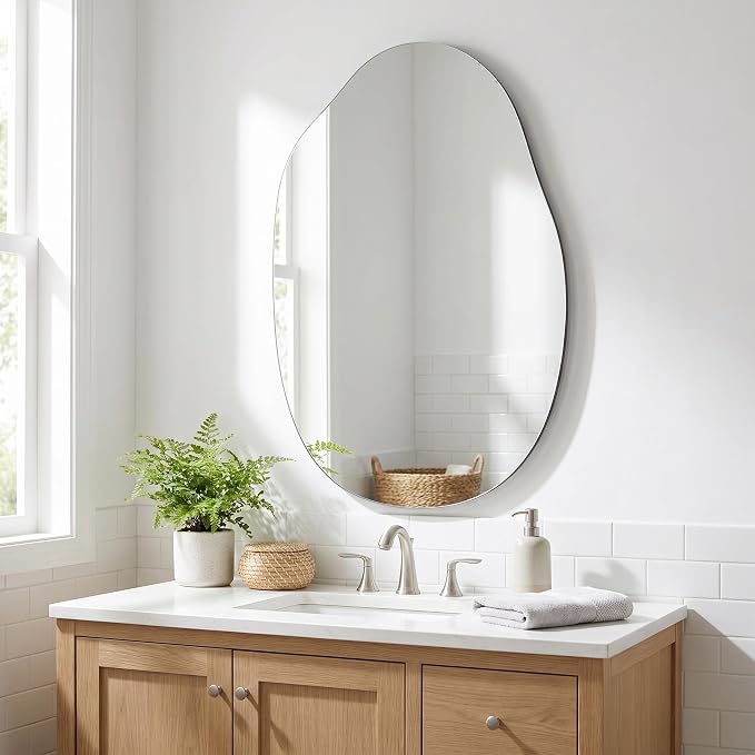 BEAUTYPEAK Asymmetrical Mirror, 26 x 40 Inches Irregular Wall Mirror, Wood Frame Unique Shape Wall Mounte, Decorative for Living Room Bedroom Entryway Hallway