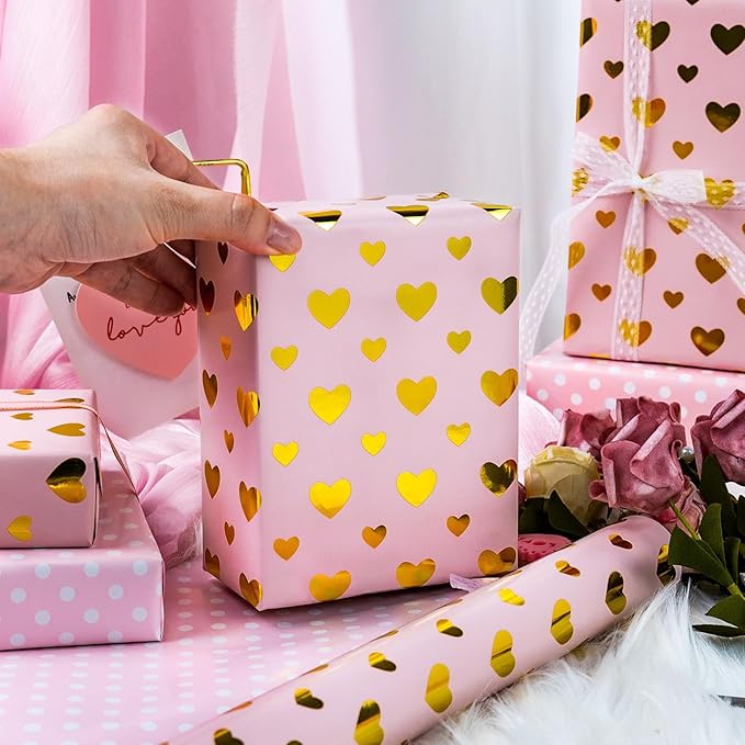 Yarcony Pink Wedding Wrapping Paper, Gold Heart Gift Wrapping Paper, Reversible Love-Themed Girl Gift Wrap for Anniversary Birthday Valentine's Day Mother's Day Christmas(17 Inch X 33 Feet)