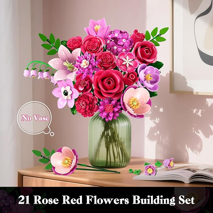 Flowers Bouquet Building Set with Light - 21 Rose Red Botanical Collection Building Block Set for Adults, 832 PCS Flower Plant Kit for Home Decor, for Her Women Girls Kids 12+