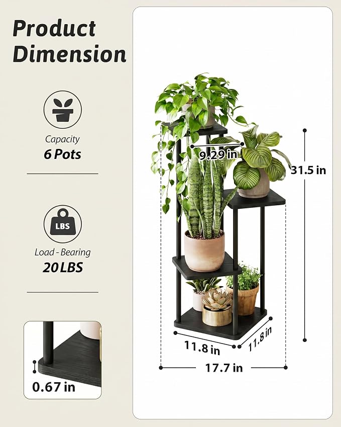 GENTINGBRO Tall Plant Stand Indoor 4 Tiered Plant Shelf for Multiple Plants Coner Shelf Stand Wood Plant Stand Metal Shelving for Living Room Bedroom Balcony Patio Black