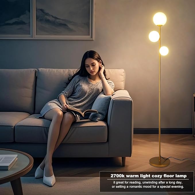 Fiqevs 3 Globe Floor Lamp Mid Century Modern, Gold Standing Lamp with Frosted Glass Shade & LED Bulbs, Tall Pole Light with Foot Switch for Living Room Bedroom Office - Antique Brass
