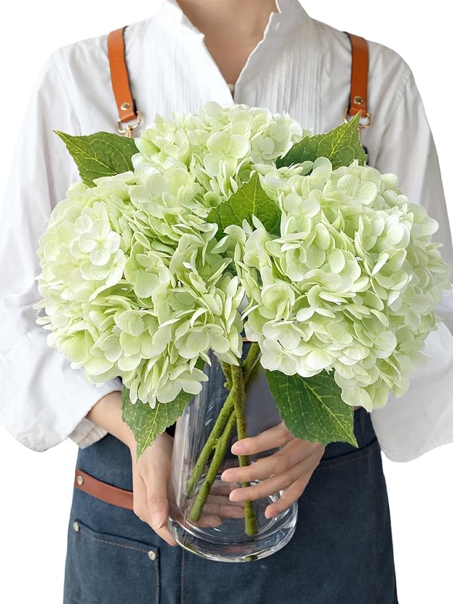 3Pcs Light Green Faux Hydrangea Flowers,21” Latex Real Touch Large Silk Royal Hydrangea Artificial Flowers,Spring Fake Flowers Bouquet for Centerpieces Table Wedding Kitchen Home