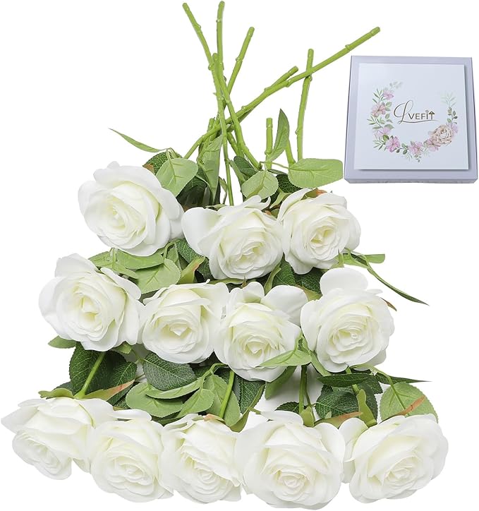 Artificial Rose Flower Artificial Flowers Flower with Long Stem Silk Roses Bouquet for Wedding Bridal Shower Party Home Decoration (White, 12 Pcs)