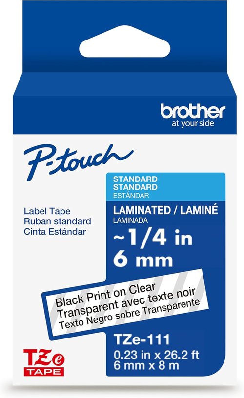 Brother Genuine P-Touch TZe Black Print on Clear Label Tape - Laminated, 1/4in x 26.2ft, Durable & Water-Resistant