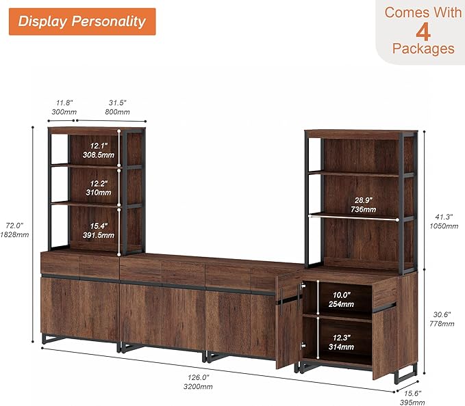 WAMPAT 3 Tier Bookshelf with Storage Cabinets, 72" Tall Bookcase with Adjustable Shelf, Large Modern Display Book Case Shelf with Door, Library Wood Bookshelves for Home Office, Living Room, Brown