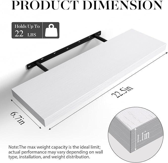 BAYKA Floating Shelves Set of 2, 22.5 inch Rustic Wood Wall Mounted Shelves for Bathroom, Bedroom, Living Room, Kitchen & Office, Hanging Shelf Deocr Display with 22 lbs Capacity, White