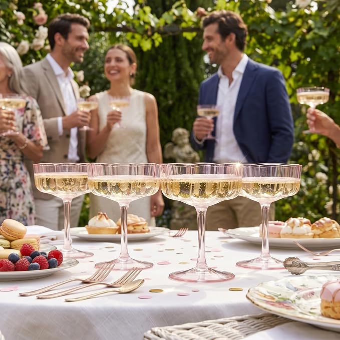 Flower Scalloped Vintage Wavy Petals Wave Glass Coupes 7oz Colorful Martini, Champagne & Cocktails, 4 Set Pink Rippled Champagne Glasses, Elegant Bar Glassware, Unique Aesthetic Coupe Glassware Gifts