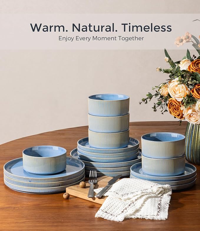 GBHOME 12-Piece Stoneware Dinnerware Set for 4 – Ribbed Ceramic Plates and Bowls, Scratch-Resistant, Microwave & Dishwasher Safe, Reactive Glaze, Alaskan Blue