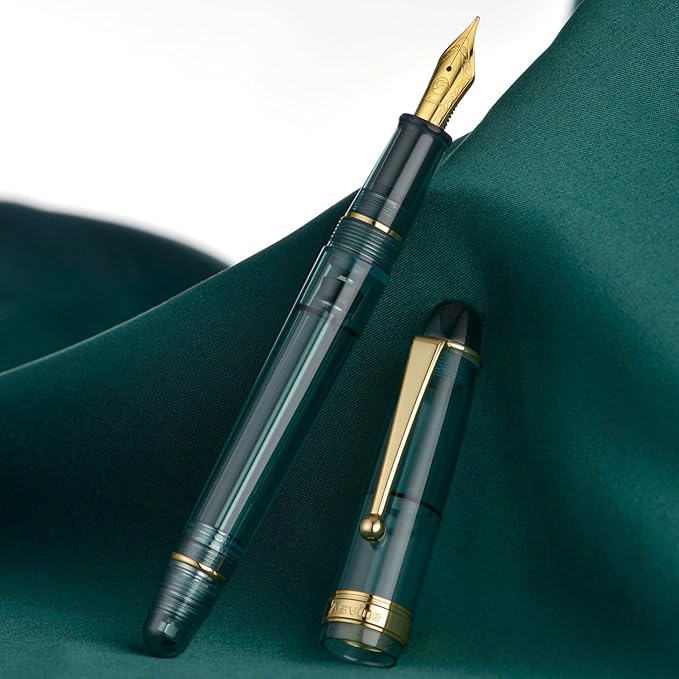 Asvine V126 Vacuum Filling Fountain Pen Transparent Teal Acrylic, Medium Nib Large-Capacity with Gift Case