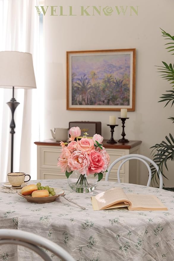 Artificial Flowers in Vase with Fake Water, Silk Tulips Peony Rose Flowers Bouquet with Glass Vase for Home Birthday Party Wedding Dinning Table Centerpieces Office Hotel Decor Gift (Peach Pink Mixed)
