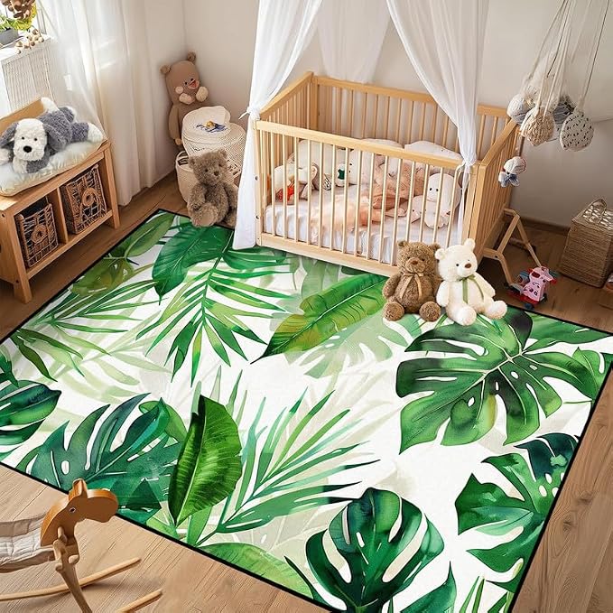 2'x3' Tropical Palm Leaf Rug Monstera Banana Leaves Floor Mat for Entryway Bedroom Living Room Nursery Playroom Home Decor Washable Low Pile Green Botanical Area Rug