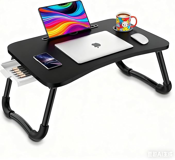 Fayquaze Laptop Bed Table, Portable Foldable Laptop Bed Desk with Storage Drawer and Cup Holder, Lap Desk Lap Stand Tray Table Floor Table Serving Tray for Eating, Reading and Working