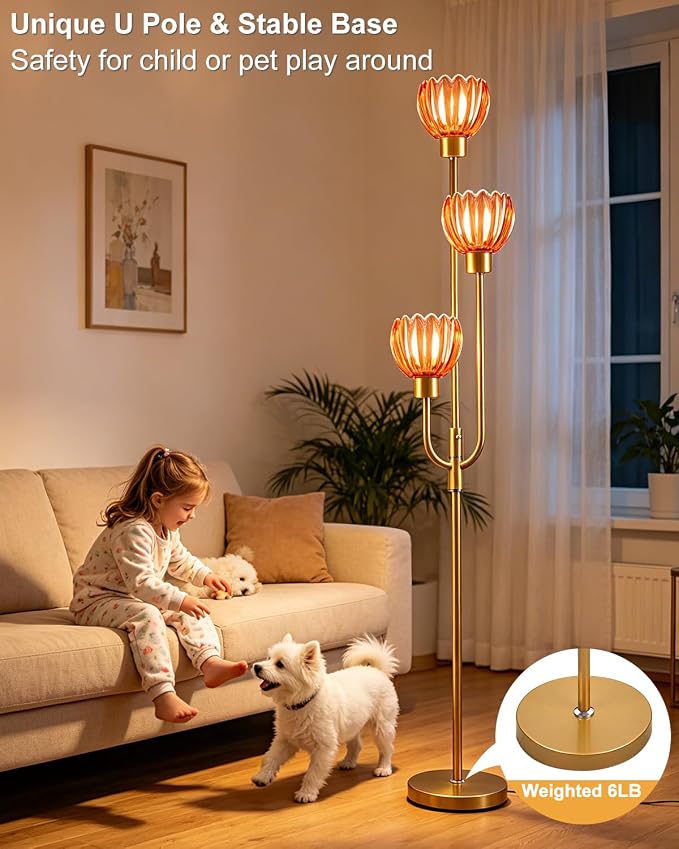Lightdot 3-Lights Modern Glass Floor Lamp Gold Dimmable Floor Lamps with 3000K Warm White Bulbs for Wedding Party 66IN Tall Standing Lamp with Deep Red Glass Shade for Living Room/Bedroom/Home Decor