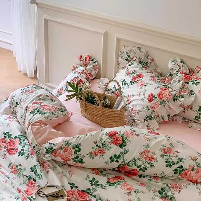 LifeTB Pink Flower Ruffle Comforter Set Full Size Vintage Floral Botanical Comforter Romantic Ruffle Lace Cottagecore Bedding Set Lightweight Fluffy Aesthetic Flowers Comforter Set with 2 Pillowcases