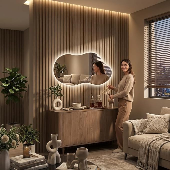 Irregular Backlit Bathroom Mirror with Lights 40 x 24, Asymmetrical Cloud Led Lighted Vanity Mirror for Wall, Anit-Fog, Dimmable, (Horizontal/Vertical)