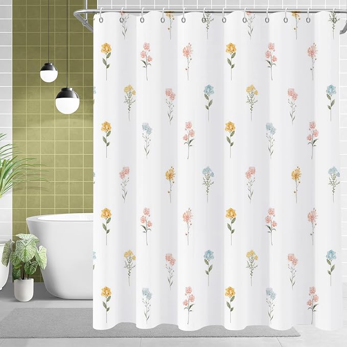 Floral Extra Long Shower Curtain, Wildflower Botanical Plant Leaves Cute Flower Spring Herbs Elegant Waterproof Fabric Machine Washable for Bathroom Bathtub Decor with Hooks 72Wx84H