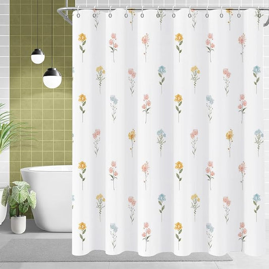 Floral Extra Long Shower Curtain, Wildflower Botanical Plant Leaves Cute Flower Spring Herbs Elegant Waterproof Fabric Machine Washable for Bathroom Bathtub Decor with Hooks 72Wx78H