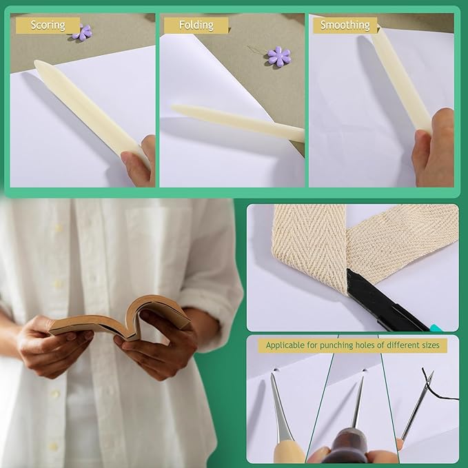 65 Pcs Book Binding Kits Book Binding Materials Bone Folder Tool Bookbinding Supplies with 10 Waxed Thread Paper Awl Binding Ribbon and Bag for Storage