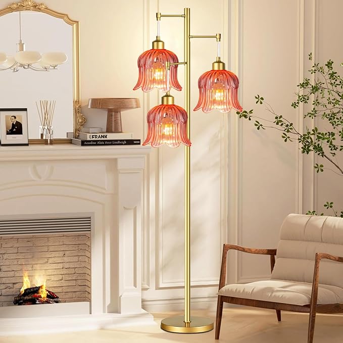 QIYIZM Pink Floor Lamp for Living Room,Bedroom,Gold Mid Century Modern Standing Lamp Brass Tree 3 Light Tall Floor Lamps Floor Lights Glass Flower Lamp Shade Girls Kids Boho Bohemian