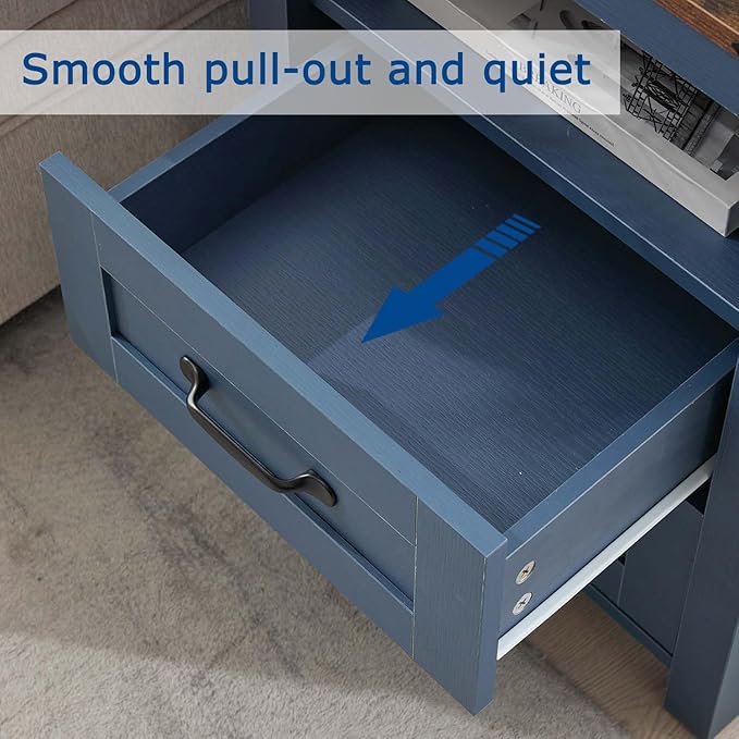 Farmhouse Night Stand Set of 2, Rustic Blue Nightstand for Bedroom, End Tables with Charging Station, Bedside Table with Drawers, Wood Bedside Cabinet Dresser