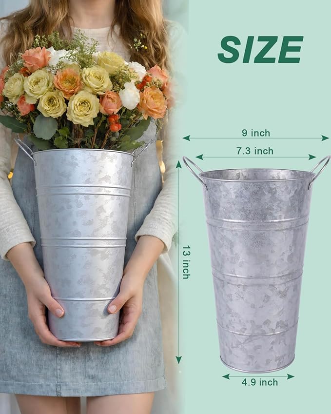 12 Inch Galvanized Metal Vases for Flowers - 2 Pcs Farmhouse Decorative Tall Flower Bucket with Handles, Rustic French Tin Planter Buckets for Wedding Decor (Silver)