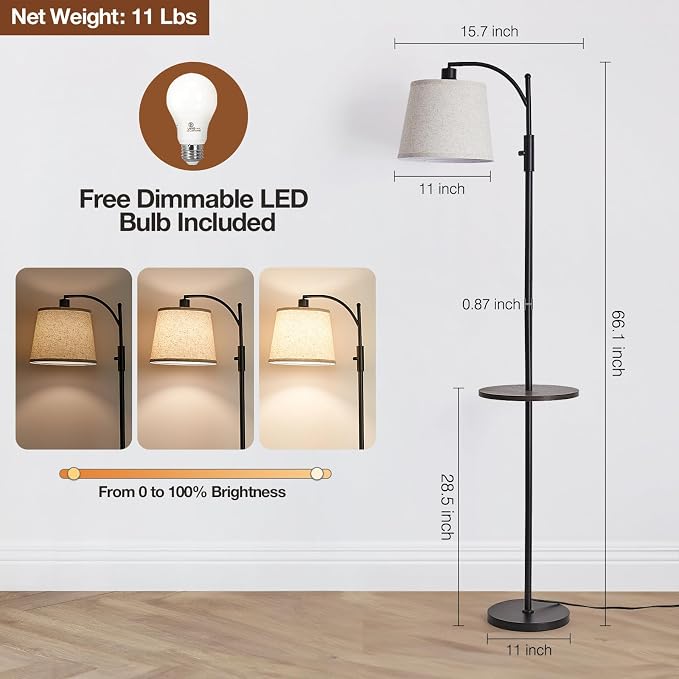 AIDENOEY Fully Dimmable Floor Lamp for Living Room，Standing Lamp Rotary Switch with Table&Linen Beige Shade，Black Tall Lamps for Bedroom with Adjust Head，9W LED Bulb Included