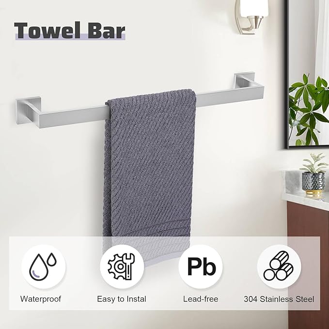 Brushed Nickel Towel Bar Set,5-Piece Bathroom Hardware Set Includes Upgraded Double Base Paper Towel Holder Modern Square Towel Holder Set,Stainless Steel Wall Mount 23.6 Inch